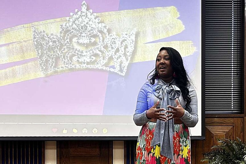 Former Miss Black USA Ocielia Sprowl speaks during Texarkana College's Women's History Luncheon on Wednesday, March 27, 2024, in Texarkana, Texas. Sprowl shared her journey to winning the title and encouraged women to pursue their dreams despite obstacles. (Staff photo by Sharda James)