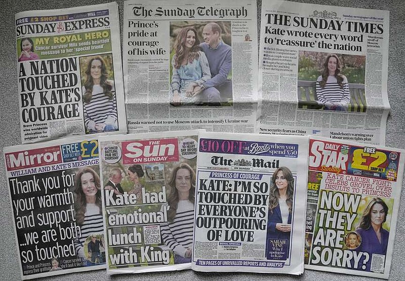 A montage of the front pages of some of Britain's Sunday newspapers pictured in London, Sunday, March 24, 2024. Support has poured in from around the world for Kate, the Princess of Wales, after she revealed in a candid video message that she is undergoing chemotherapy for cancer following major abdominal surgery. (AP Photo/Alastair Grant)