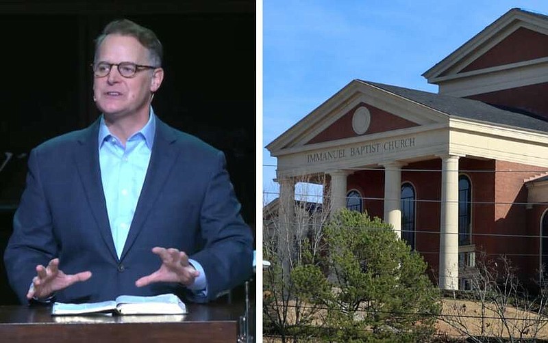 Immanuel Baptist Church Lead Pastor Steven Smith is shown during a livestream of his sermon in this Feb. 18, 2024 image from video. At right, the church at 501 North Shackleford Road is shown in a Dec. 19, 2023 file photo. (Left, courtesy of Immanuel Baptist Church; right, Arkansas Democrat-Gazette/Kyle McDaniel)