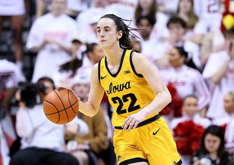 Caitlin Clark #22 of the Iowa Hawkeyes dribbles the ball in the first half against the Indiana Hoosiers at Simon Skjodt Assembly Hall on Feb. 22, 2024, in Bloomington, Indiana. (Andy Lyons/Getty Images/TNS)