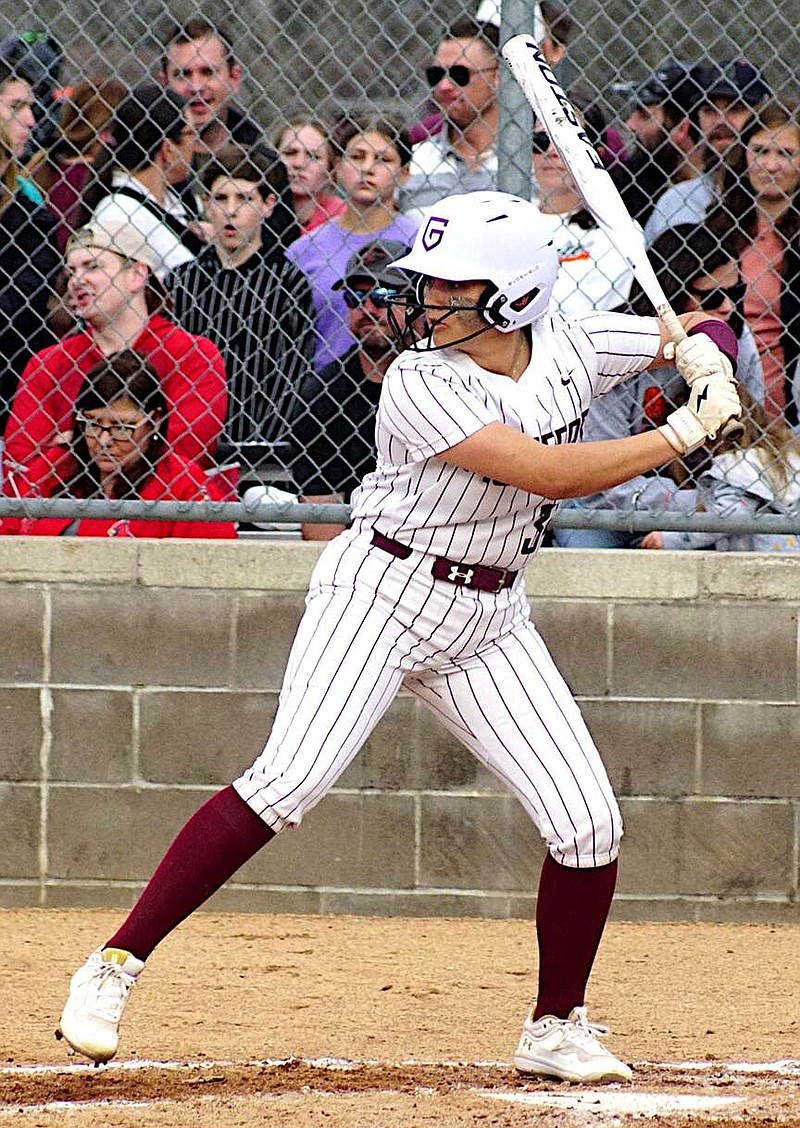 Randy Moll/Westside Eagle Observer
With the game tied at three runs each on March 25 in play against Rogers-Heritage, Cindy Barger drove in Gentry's two winning runs in the seventh inning with a hard-hit ground ball to center field. Scoring on Barger's single were Olivia Nations and Audrie Littlejohn.