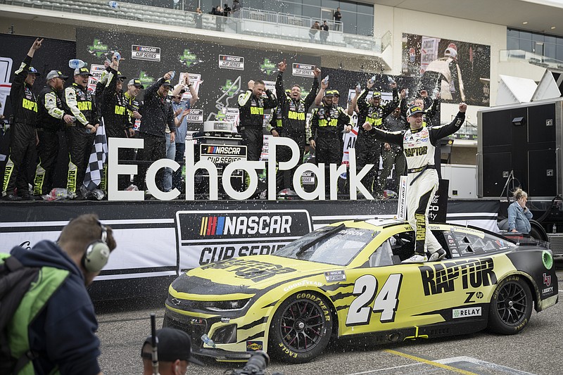 William Byron, right, celebrates his win after a NASCAR Cup Series auto race on Sunday, March 24, 2024, at Circuit of the Americas in Austin, Texas. (AP Photo/Darren Abate)