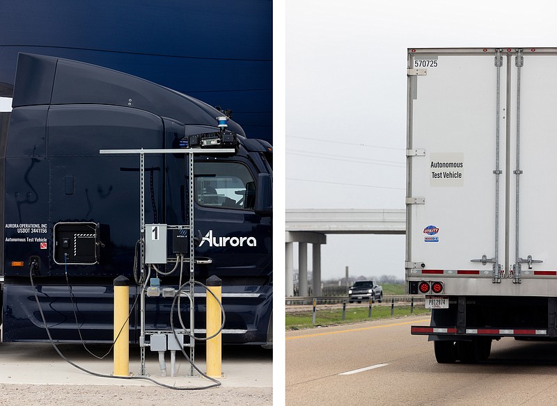Left: An Aurora Technologies facility with self-driving trucks. Top right: A self-driving truck travels on Interstate 45 near Ennis, Tex. MUST CREDIT: Allison V. Smith for The Washington Post