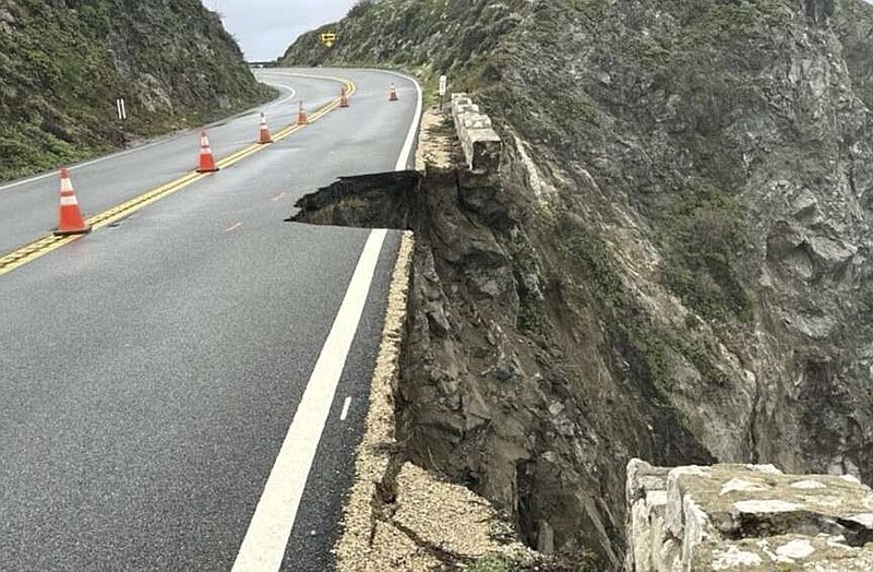 In this photo posted on social media by Caltrans District 5, the Rocky Creek closure on California Highway 1 is seen, Sunday, March 31, 2024, in Monterey County, Calif., following heavy rain in the area. (Caltrans District 5 via AP)