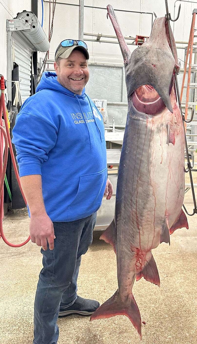 Chad Williams of Olathe, Kan., shows a world-record paddlefish he snagged on March 17 at Lake of the Ozarks in Missouri. The fish weighed 164 pounds, 13 ounces, and broke the former paddlefish world record of 164 pounds. It also shattered the former Missouri record of 140 pounds. Williams had never snagged for paddlefish before, but some friends invited him along for the trip. (Courtesy photo/Missouri Department of Conservation)