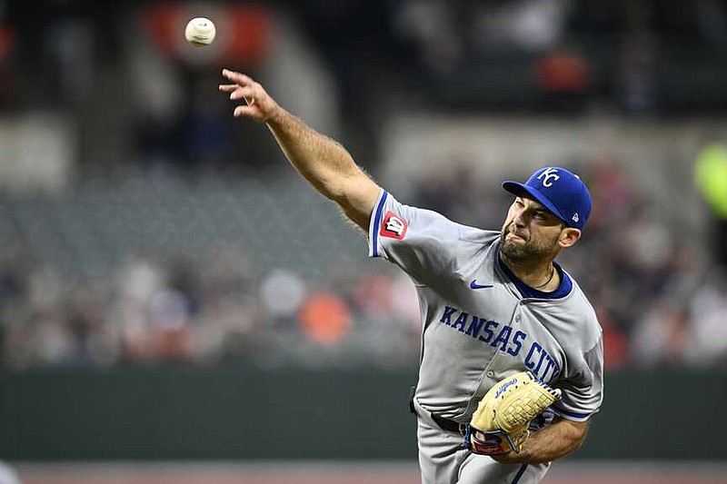 Kansas City Royals starting pitcher Michael Wacha throws during the first inning of a baseball game against the Baltimore Orioles, Monday, April 1, 2024, in Baltimore. (AP Photo/Nick Wass)