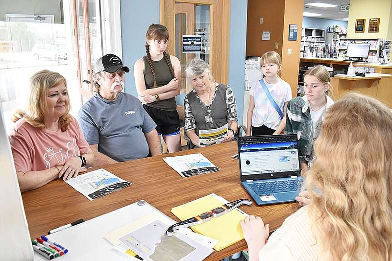 Democrat photo/Garrett Fuller — Lana Dicus, from left, Bill Dicus, Kirstyn Deraps, Sandy Deraps, Eloise Deraps and Ayala Deraps listen Monday as Emily Gray talks about how solar and lunar eclipses occur during a brief presentation at the Moniteau County Library introducing the upcoming solar eclipse. Gray, a library employee, hosted the presentation as an ambassador of the Astronomical Society of the Pacific, which has partnered with the National Aeronautics and Space Administration to inform the public about the event. Gray said there are two solar and lunar eclipses on average each year, but most cross over water instead of land.