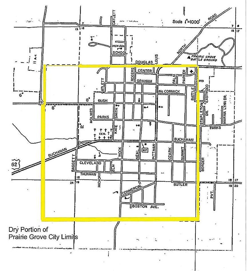 COURTESY PHOTO
This map shows the dry portion of Prairie Grove city limits, as far as alcohol sales are concerned. The rest of the city is wet. The section is about one square mile and includes the downtown area. A committee will once again seek to gather signatures to place a question on the ballot to make all of Prairie Grove wet.