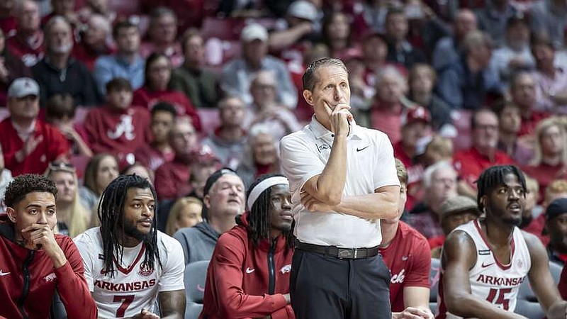 Arkansas head coach Eric Musselman looks on during the first half of an NCAA college basketball game against Alabama, Saturday, March 9, 2024, in Tuscaloosa, Ala. (AP Photo/Vasha Hunt)
