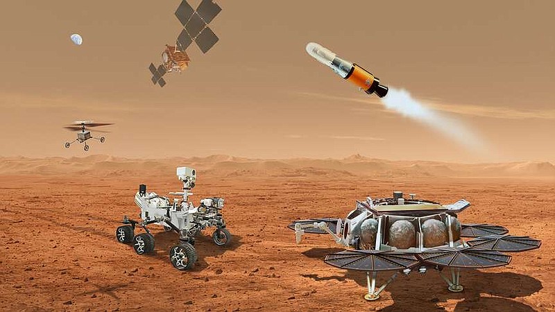 This illustration shows a concept for multiple robots that would team up to bring samples of rocks and soil — being collected from the Martian surface by NASA's Mars Perseverance rover — back to Earth. (NASA/JPL-Caltech/TNS)
