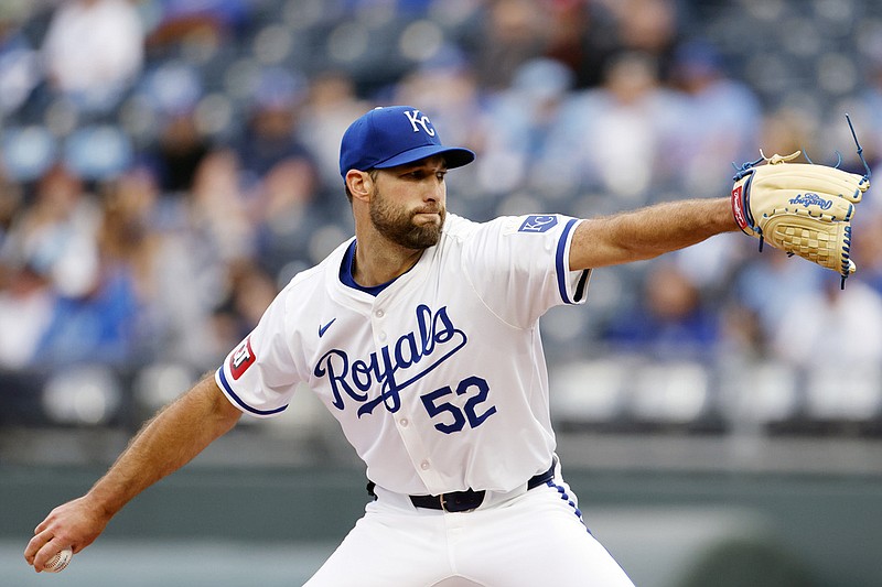 Kansas City Royals pitcher Michael Wacha delivers to a Chicago White Sox batter during the first inning of a baseball game in Kansas City, Mo., Saturday, April 6, 2024. (AP Photo/Colin E. Braley)