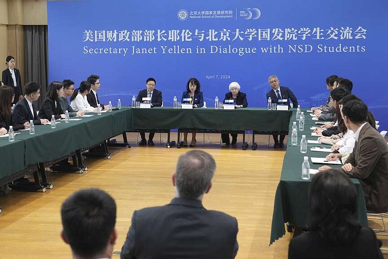 U.S. Treasury Secretary Janet Yellen, center right, holds a dialogue with students at Peking University in Beijing China, Sunday, April 7, 2024. Treasury Secretary Janet Yellen has met with Chinese Premier Li Qiang and sent a message of mutual cooperation despite the nations' differences. (AP Photo/Tatan Syuflana, Pool)
