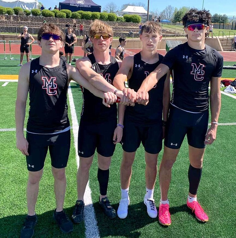 Submitted photo/McDonald County School District
A new boys 4x200 relay school record was set Friday when the team of Dominic Navin, Aidrian Short, Ryder Martin and Josh Pacheco finished the event in 1:32.70. The previous record was set in 1982 by a team of B.Stancell, M.Mitchell, G.Henson and
R.Davis. The new school record put the relay team in 11th place for the event at the Hillcrest Invitational in Springfield.