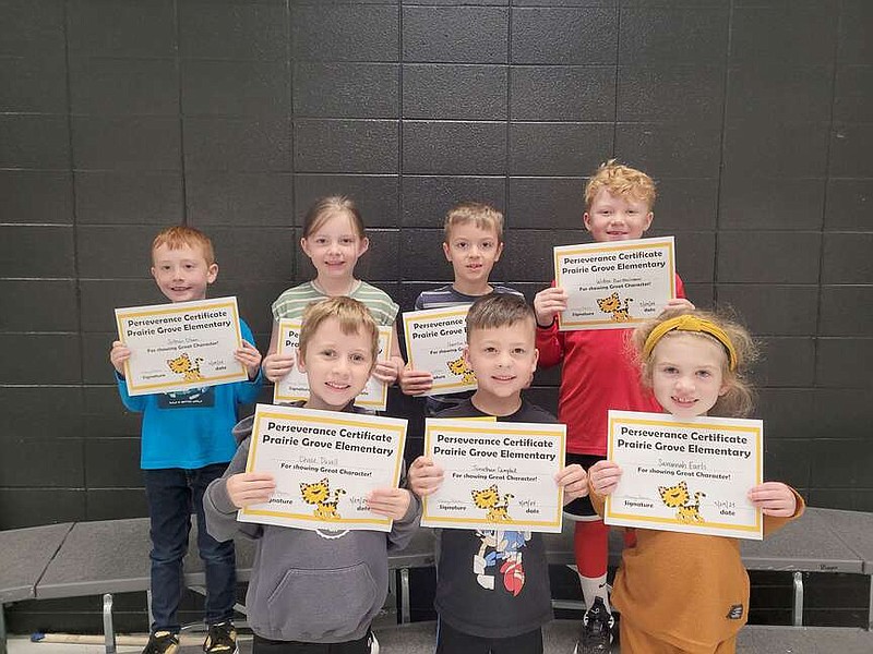 Submitted photo
The following first graders from PG Elementary School were recognized for the character word perseverance: (back, left) Jettson Olsen, Allora Higganbotham, Quentin Nardone, Witten Bartholomew; (front, left) Chase Duvall, Jonathan Campbell, Savannah Earls; not pictured,   Jaxon VanValkenburg.
