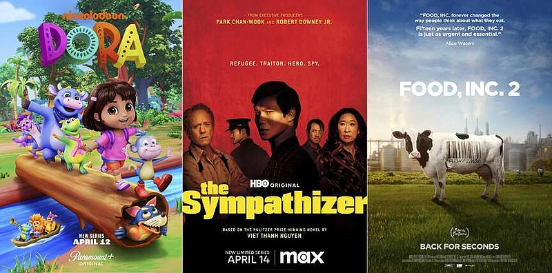 This combination of photos shows promotional art for the series "Dora," debuting April 12 on Paramount+, left, "The Sympathizer," a series premiering April 14 on Max, center, and the film "Food, Inc. 2," available April 12 on video-on-demand. (Paramount+/Max/Magnolia Pictures
