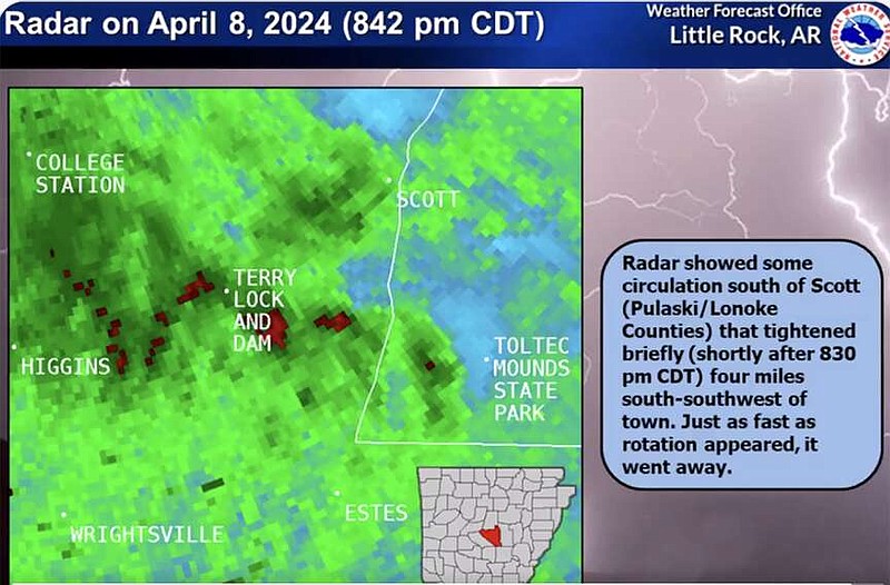 Screen shot from a video by the National Weather Service showing an area that was affected by a storm on the evening of Monday, April 8, 2024. (Courtesy of the National Weather Service)