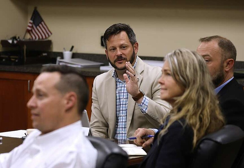Capitol Arts and Grounds Commission member Michael Harry (center) makes a comment during the commission's meeting on Tuesday, April 9, 2024, in Little Rock.
(Arkansas Democrat-Gazette/Thomas Metthe)
