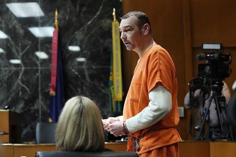 James Crumbley addresses the court during his sentencing, Tuesday, April 9, 2024, in Pontiac, Mich. Jennifer and James Crumbley, the parents of a Michigan school shooter, were sentenced to at least 10 years in prison Tuesday for failing to take steps that could have prevented the killing of four students in 2021.  (AP Photo/Carlos Osorio)