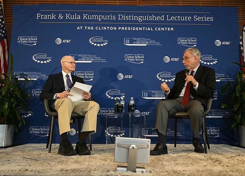 Walter E. Hussman, Jr., Chairman of WEHCO Media, Inc., left, talks with Former Washington Post executive editor and author Martin “Marty” Baron as part of the Kumpuris Distinguished Lecture Series at the Clinton Presidential Center on Tuesday, April 9, 2024.

(Arkansas Democrat-Gazette/Stephen Swofford)