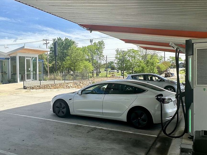 Franklin Energy Charging Station at 724 S. Woodrow St. in Little Rock, April 11. Electric vehicle motorists said charging station investments will make travel easier and the station's owner said the investments will help fuel his business.