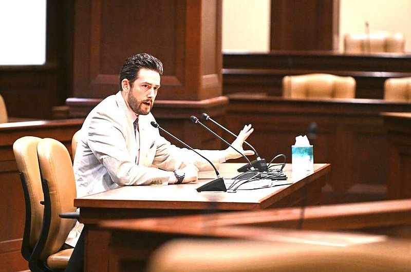 Chad Brown, chief financial officer of the Arkansas Department of Corrections, answers questions from legislators Thursday, April 11, 2024 during the Joint Performance Review committee meeting at the state Capitol in Little Rock.
(Arkansas Democrat-Gazette/Staci Vandagriff)