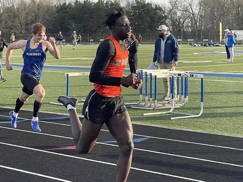 New Bloomfield's Ben Speaks runs to the finish line in the 400-meter dash in the South Callaway HS Invitational Thursday at South Callaway High School in Mokane. Speaks won at 52.39 seconds. (Robby Campbell/Fulton Sun)