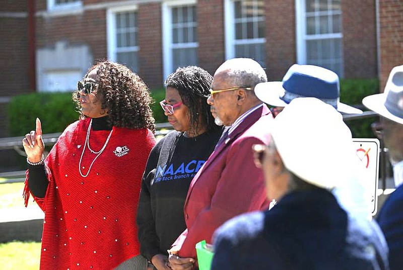 Rev. Shirley Inkton (left) speaks during a Little Rock Branch of the National Association press conference Friday, April 12, 2024 in front of the Pulaski County District Courthouse at the Juvenile Justice Complex in Little Rock.
(Arkansas Democrat-Gazette/Staci Vandagriff)