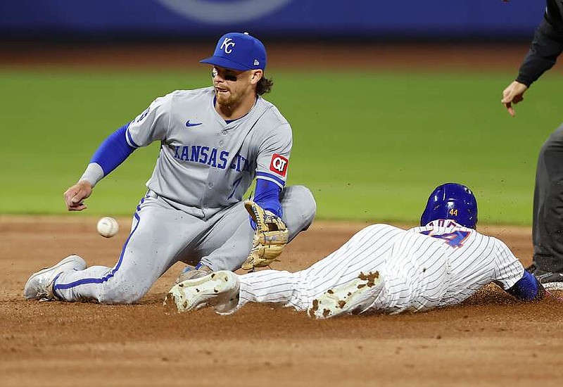 New York Mets' Harrison Bader steals second base against Kansas City Royals shortstop Bobby Witt Jr. (7) during the fourth inning of a baseball game, Friday, April 12, 2024, in New York. (AP Photo/Noah K. Murray)