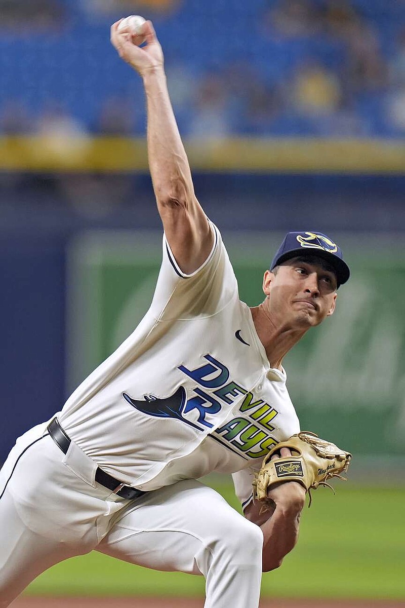 Tampa Bay Rays' Jacob Waguespack pitches to the San Francisco Giants during the first inning of a baseball game Friday, April 12, 2024, in St. Petersburg, Fla. (AP Photo/Chris O'Meara)