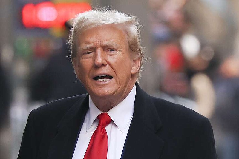 FILE - Former President Donald Trump comments as he arrives for a press conference, March 25, 2024, in New York. Trump is set to stand trial Monday, April 15, in New York on state charges related to the very sex scandal that he and his aides strove to hide. Barring a last-minute delay, it will be the first of Trump's four criminal cases to go to trial. (AP Photo/Yuki Iwamura, File)