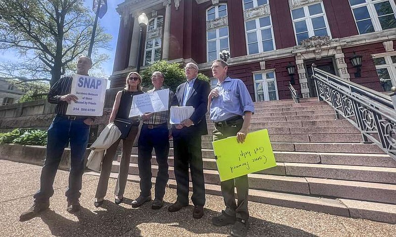 Annelise Hanshaw/Missouri Independent
Advocates for protections for survivors of childhood sexual abuse speak in front of the Missouri Supreme Court building Monday prior to delivering a letter to the Missouri Attorney General.