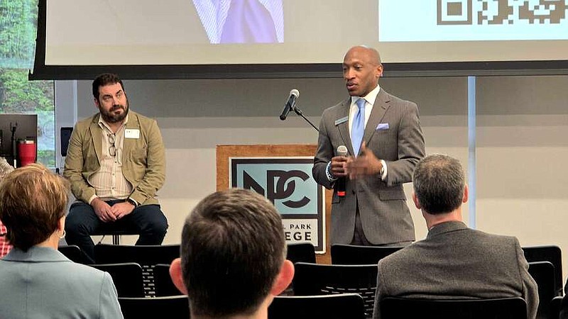 Kendricks Hooker, provost of Cabarrus College of Health Sciences in Concord, North Carolina, introduces himself during Tuesday's community forum at the NPC Student Commons. (The Sentinel-Record/Donald Cross)