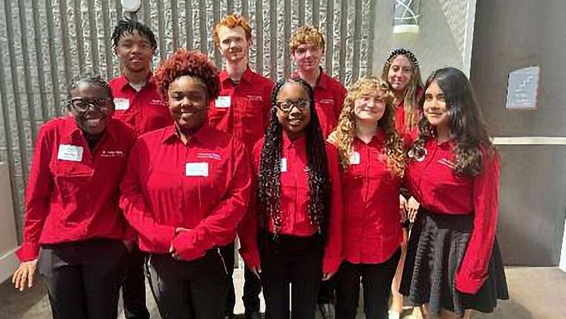A group of nine Arkansas High School students are going to the Educators Rising National Competition, during which they will display their passion for education. Pictured, front row, from left: Kiara Wyatt, Ti'Niyah Evans, Alicia Robinson, Zoey Dycus and Sofia Labrada; back row, right to left: Mikel Watson, Mark Herrington, Baylor McLelland and Kendra Jones. (Photo courtesy of TASD)