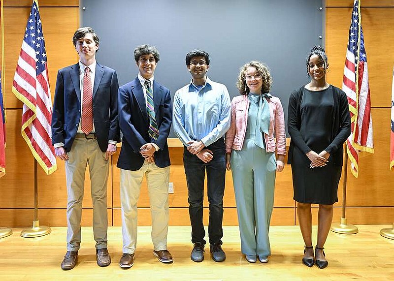 The 2024 Stephens Award student scholarship winners (from left) Andrew Jones, from Episcopal Collegiate, Reeves Bethel, from Catholic High School, Venkata Bhrugubanda, from Little Rock Central High School, Clara Principe, from Mount St. Mary Academy, and Kadyn Loring, from Parkview Magnet High School, pose for a photo before an award ceremony at the Little Rock Regional Chamber of Commerce on Tuesday, April 16, 2024/

(Arkansas Democrat-Gazette/Stephen Swofford)