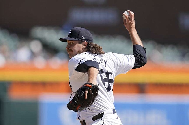 Detroit Tigers pitcher Jason Foley throws during the ninth inning of a baseball game against the Texas Rangers, Tuesday, April 16, 2024, in Detroit. (AP Photo/Carlos Osorio)