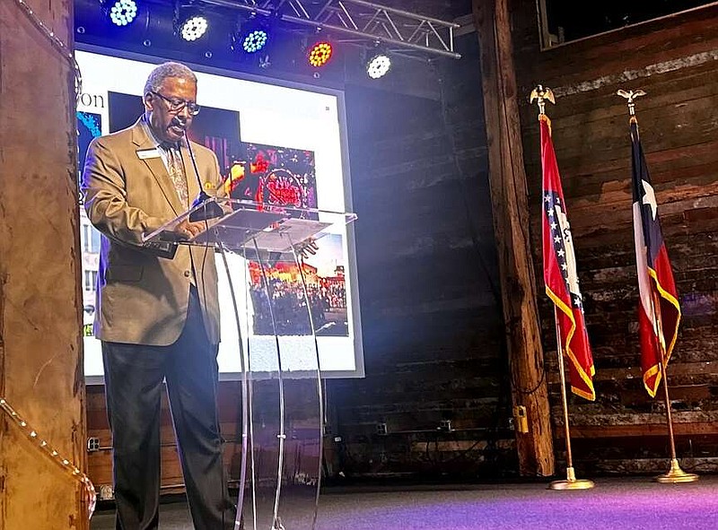 Dennis Washington, president/CEO of Texarkana Chamber of Commerce, speaks at the Chamber's annual State of the Cities Wednesday, April 17, 2024, at Crossties Event Venue in downtown Texarkana, Ark. (Staff photo by Sharda James)