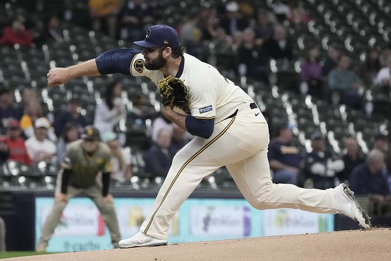 Milwaukee Brewers' Bryse Wilson throws during the first inning of a baseball game against the San Diego Padres Wednesday, April 17, 2024, in Milwaukee. (AP Photo/Morry Gash)