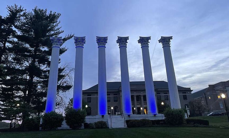 Photo courtesy Westminster College
Westminster College's columns lit blue in support of Heart of Missouri CASA and its "Callaway Goes Blue" campaign.