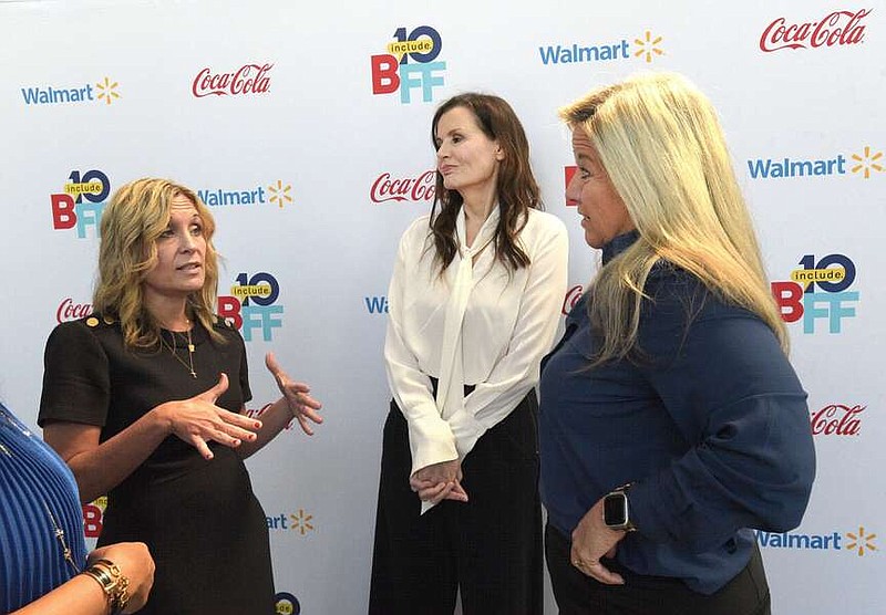 Bentonville Mayor Stephanie Orman (from left) talks Tuesday with actor Geena Davis and Kalene Griffith, CEO of Visit Bentonville, during a preview and kick-off for the 2024 Bentonville Film Festival slated for June 10-16. Davis starred in the 1991 film "Thelma and Louise" and said acting in the movie was a life-changing experience for her. Go to nwaonline.com/photos for today's photo gallery.

(NWA Democrat-Gazette/Flip Putthoff)