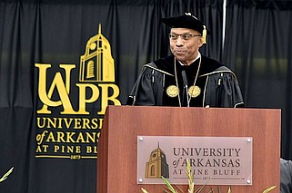 FILE - UAPB Chancellor Laurence B. Alexander welcomes visitors to spring commencement in May 2023. (Pine Bluff Commercial/I.C. Murrell)