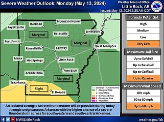 This graphic from the National Weather Service highlights portions in Arkansas at a risk to see severe weather on Monday. (National Weather Service/X)