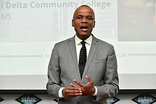 Tyrone Jackson speaks during his public visit to Southeast Arkansas College on May 6, 2024, at the Welcome Center. SEARK appointed Jackson as its new president Wednesday, May 15. (Pine Bluff Commercial/I.C. Murrell)