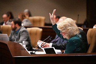 Rep. Robin Lundstrum, R-Springdale, asks a question during the pre-fiscal session budget hearing Thursday, March 3, 2024 at the state Capitol in Little Rock.
(Arkansas Democrat-Gazette/Staci Vandagriff)