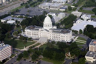 FILE - The Arkansas state Capitol building in Little Rock is shown in an aerial photo on May 29, 2015. (AP Photo/Danny Johnston)