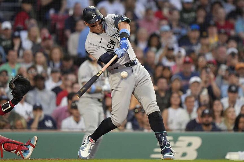 New York Yankees' Aaron Judge strikes out swinging in the fourth inning of a baseball game against the Boston Red Sox, Sunday, June 16, 2024, in Boston. (AP Photo/Steven Senne)
