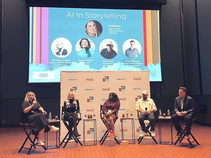 The “AI in Storytelling Panel” at the Bentonville Film Festival included, left to right, moderator moderated by Kate Erbland of IndieWire; Whitney Cooper, head of Sales Strategy and Enablement for  Walmart Connect; Rachel Victor, co-founder of FBRC.AI; filmmaker Nem Perez and Brian Adams of IBM Consulting. (AL TOPICH/Special to the Democrat-Gazette)