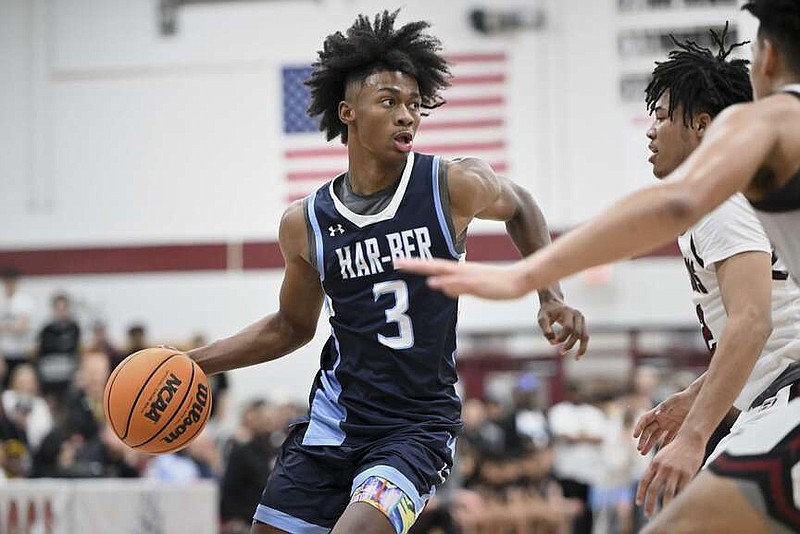 Har-Ber Courtland Muldrew (3) moves the ball, Friday, February 23, 2024 during a basketball game at the Bulldog Gym at Springdale High School in Springdale. Muldrew announced Monday he will be playing his senior season at Oak Hill Academy in Virginia. 

(NWA Democrat-Gazette/Charlie Kaijo)