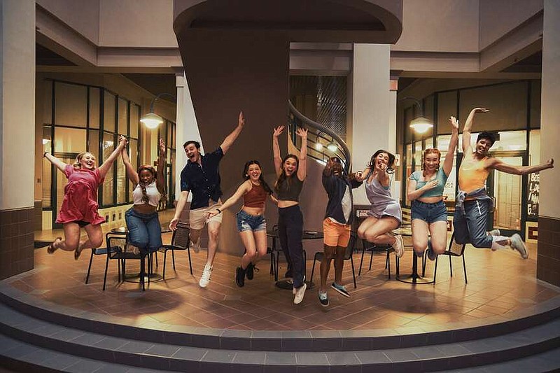 Cast members Makayla Shipe (from left), Amaya Hardin, Michael Matherne, Isabella Nguyen, Anslee Clay, Frederick Webb, Caroline Perry, Hannah Lauren Wilson and Brian Earles cut “Footloose.”
(Special to the Democrat-Gazette/Matthew Sewell Photography)