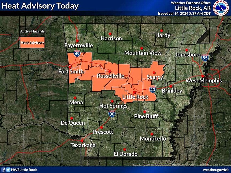 This graphic from the National Weather Service highlights portions of Arkansas under heat advisories on Sunday and Monday. (National Weather Service/X)