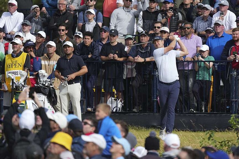 Justin Rose of England hits off the 17th tee during his second round of the British Open Golf Championships at Royal Troon golf club in Troon, Scotland, Friday, July 19, 2024. (AP Photo/Jon Super)